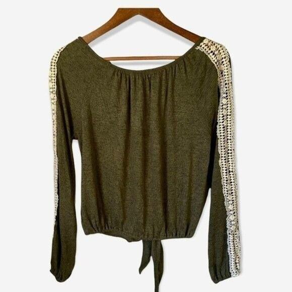 Paper + Tee Women’s Size Small Olive Green Crochet Long Sleeve Front Tie Top - Picture 4 of 11